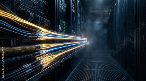 High-speed glowing data cables in a futuristic server room for cloud computing and big data transmission