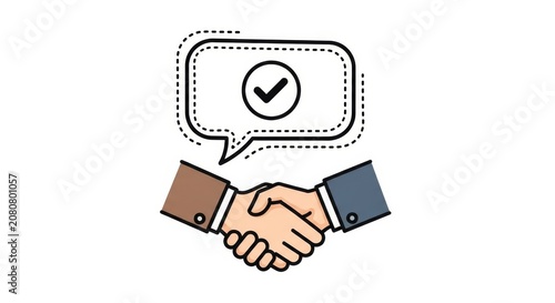 A business handshake with a speech bubble containing a check mark, indicating agreement, partnership, and successful deal.
