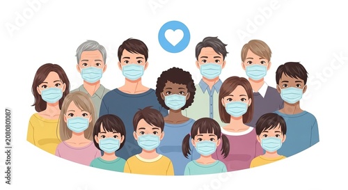 Diverse group of people wearing face masks symbolizing health and safety measures during pandemic or illness outbreak.
