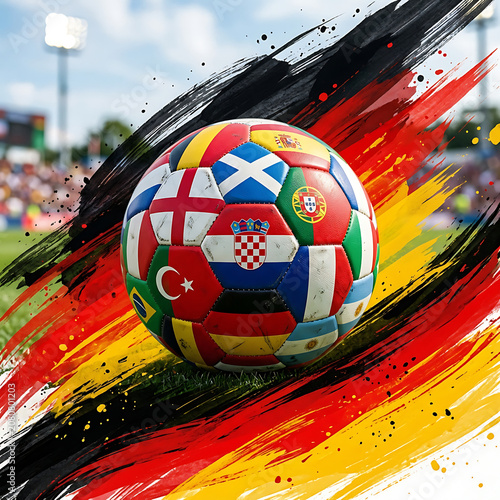 Close-up of colorful soccer ball with blurred motion and vibrant background