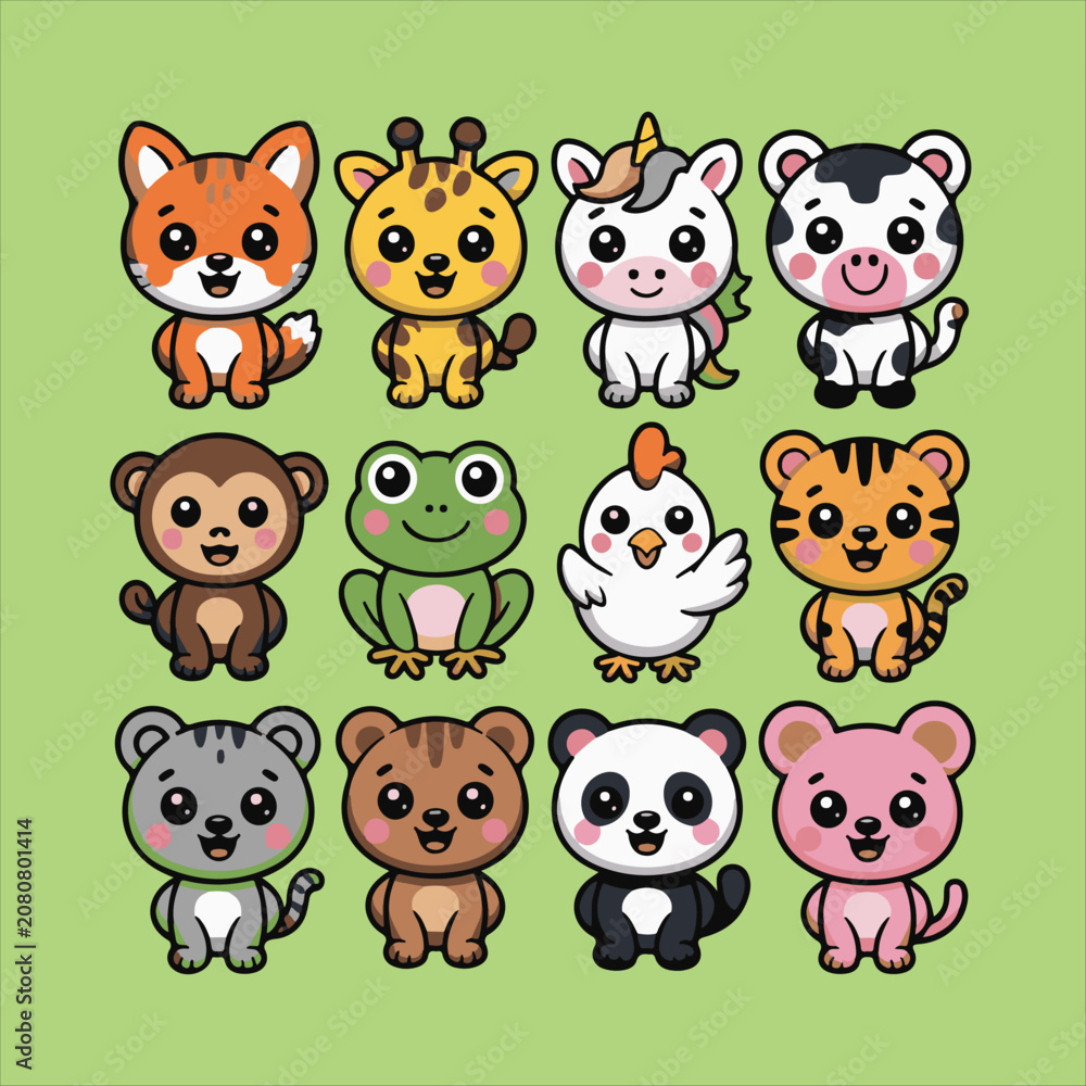 Fototapeta premium Cute Kawaii Animal Friends Group Vector Illustration, Adorable Cartoon Animals Group Vector Design.