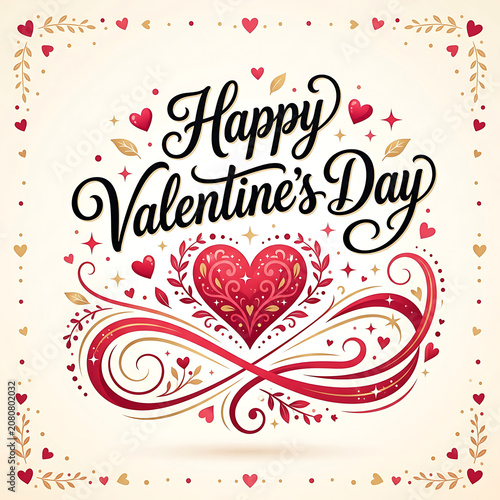 Happy valentine's day decorative illustration with red heart and floral design