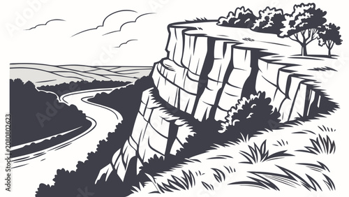 Tableau sur toile Black and white line of a winding river flowing past a cliff edge with trees and