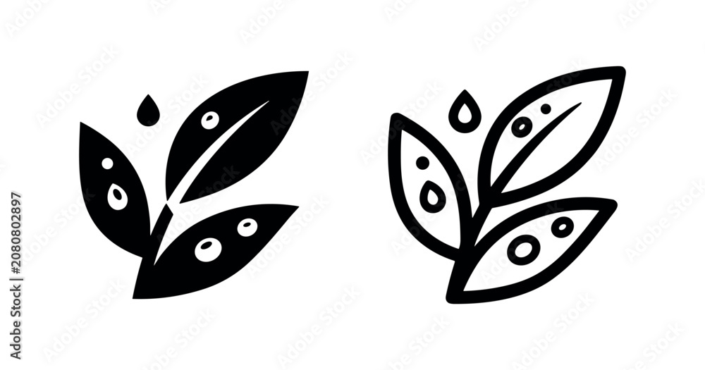 Naklejka premium Fresh Leaves with Water Drops Icon Set