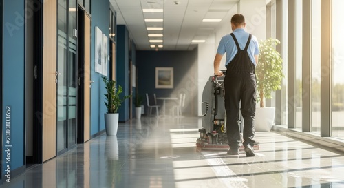 A man cleans the shiny office floor with a machine in a bright hallway.