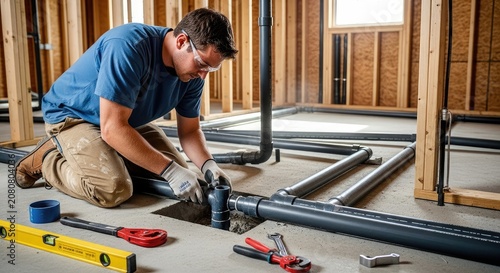 Man installing pipes on construction site with tools and equipment