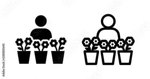Bild auf Leinwand Gardener or floriculturist icon set with person and potted flowers