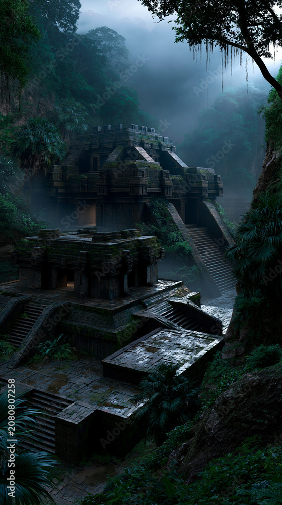 Fototapeta premium fantasy jungle with ancient mayan temple ruins, mystical rainforest with hidden mayan temple, lush tropical forest surrounding ancient stone temple