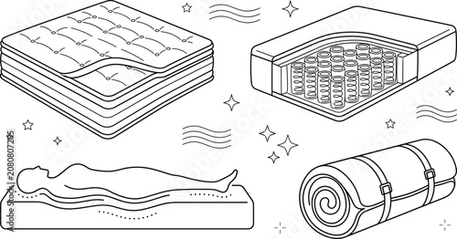 Obraz na płótnie Mattress Types and Orthopedic Sleep Support Line Icon Set for Bedding Graphic De