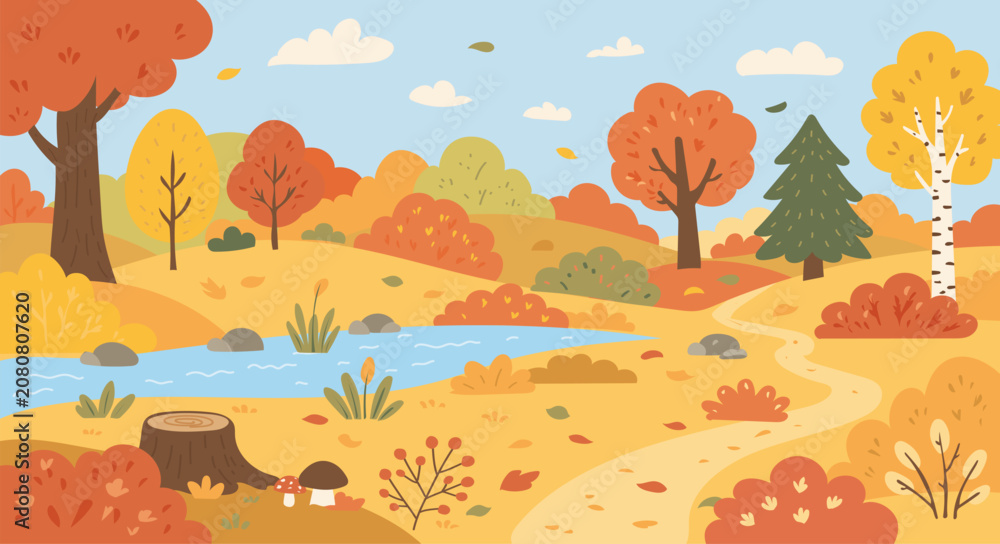 Naklejka premium Vector illustrations of nature, autumn natural landscape, forest, trees, river, fields for background or banner. Warm color, cute cartoon style
