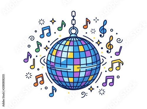 Colorful Disco Ball Illustration with Floating Musical Notes