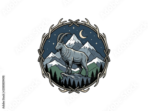 Mountain Goat Emblem With Snowy Peaks, Crescent Moon, Stars, And Antler Wreath Border On Pine Forest Background, Vector Illustration