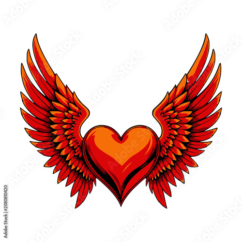 Heart with Wings: A vibrant red heart adorned with fiery orange wings, symbolizing love, freedom, and passion, against a clean background.