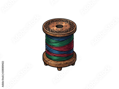 Decorative Wooden Thread Spool Holding Green Blue And Red Silk Threads With Ornate Engravings On The Circular Top And Base Vector Illustration