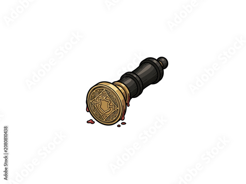 Elegant Wax Seal Press With Black Ebony Handle And Detailed Golden Seal Head Adorned With Carved Designs And Red Wax Residue, Vector Illustration
