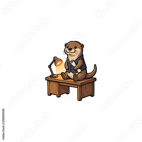 Cheerful Anthropomorphic Otter Wearing Blue Vest Seated On Wooden Desk Beside Glowing Desk Lamp Clutching Rolled Contract Paper, Business Concept Vector Illustration