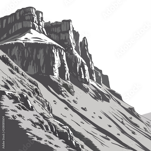 A detailed black and white line of a rugged mountain peak with steep rocky slopes and deep shadows, emphasizing the texture