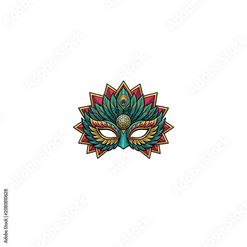 Stylized Masquerade Mask Adorned With Peacock Feather Motifs And Sequins In Teal And Gold Colors For Festive Occasions, Elegant Vector Illustration
