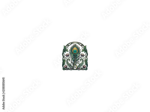 Elegant Ornate Floral Frame Design Featuring A Centered Peacock Feather With Green Leaves And Purple Flowers, Ideal For Artistic Decoration, Vector Illustration