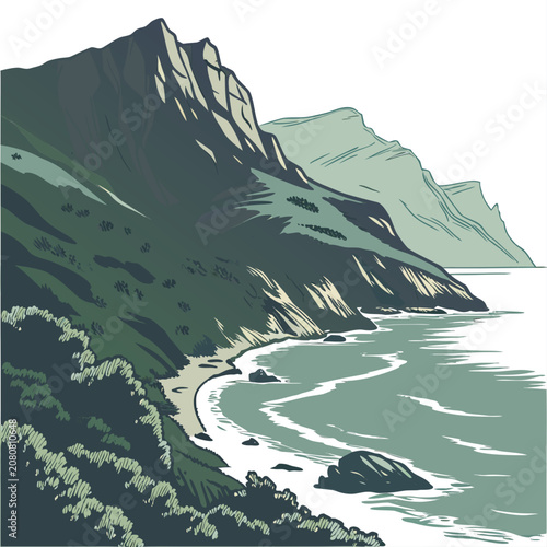 A green and black line of a coastal landscape with steep cliffs, a beach, and the ocean on a white background