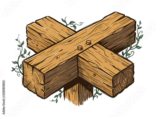 Realistic Close-Up Of Intersecting Pergola Beams With Wood Grain And Creeping Ivy, Highlighting Craftsmanship And Natural Decoration, Vector Illustration