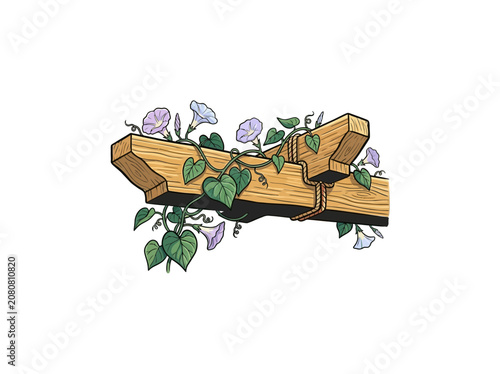 Handcrafted Wooden Pergola Beam With Morning Glory Vines, Heart-Shaped Leaves, And Colorful Blossoms In A Peaceful Garden Scene Vector Illustration