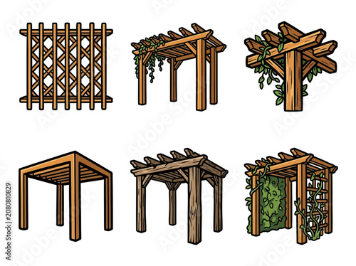 Collection Of Pergola Icons Ranging From Simple Wooden Frames To Elaborate Vine Draped Shelters Suitable For Garden And Landscape Design Projects Vector Illustration