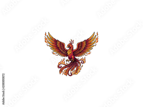 Majestic Fiery Phoenix Bird With Wings Spread Wide Surrounded By Rising Flames And Intricate Feather Details Dynamic Colorful Artistic Style Vector Illustration