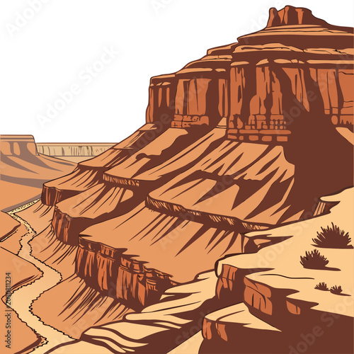 A hand-drawn of a desert canyon landscape with tall rock formations, cliffs, and a winding path on a white background