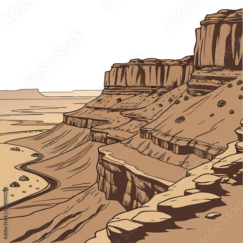 A hand-drawn of a desert canyon landscape with layered rock formations, cliffs, and a winding path on a white background