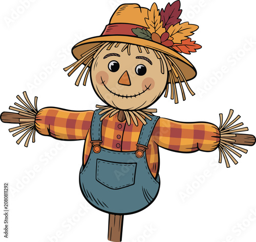 Smiling Scarecrow Wearing Overalls and Straw Hat on Wooden Post white background