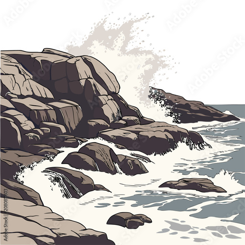 A powerful ocean wave crashing against jagged rocky cliffs, depicted in a detailed, multi-colored with sea spray and foam