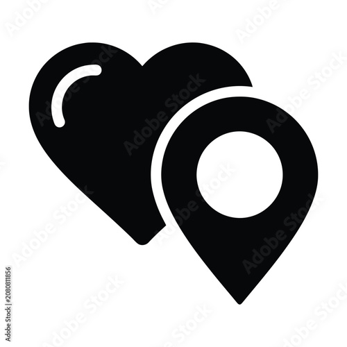 Heart and location pin icon for romantic travel or dating app navigation representing local love and interest as a black vector graphic