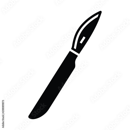 Surgical scalpel icon for medical procedures and healthcare surgery representing precision instruments as a bold black vector graphic on white