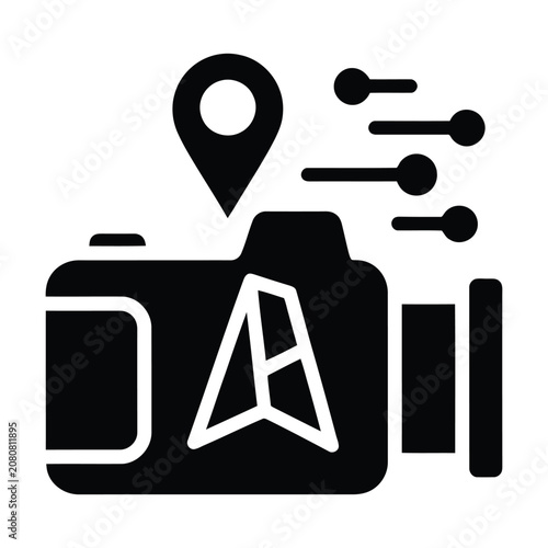 Camera icon with location pin and data points for photography tracking and metadata services as a black vector graphic design