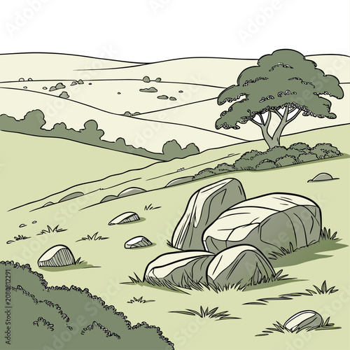 Artistic landscape of a grassy hill with large boulders, a single tree, and rolling countryside fields under a clear white background