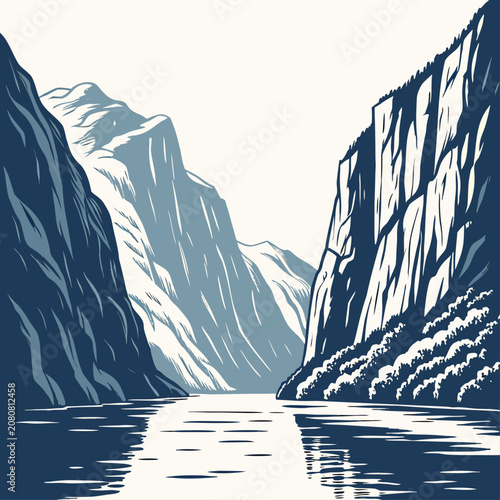 Detailed of a deep fjord with steep rocky cliffs, dark blue water, and snow-capped mountains under a clear white sky background