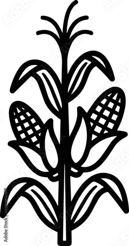 Quadro su tela Stylized Corn Stalk with Two Cobs - Black and White Outline Icon