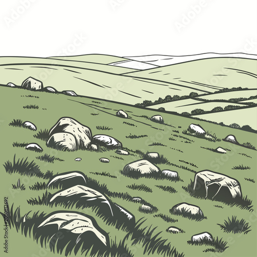 Hand drawn landscape of a rolling green countryside with scattered rocks, grassy hills, and a peaceful rural meadow in the distance