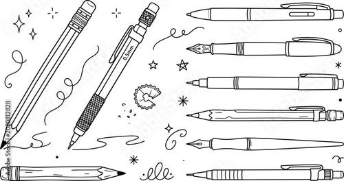 Obraz na plátně Pencil and Pen Stationery Writing Tool Doodle Vector Set for Education and Offic