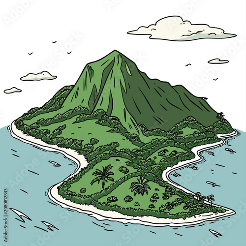 Hand drawn of a tropical island with a large mountain, palm trees, sandy shores, and blue water under a sky with small clouds