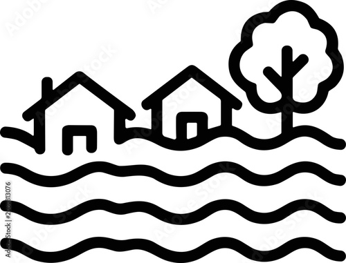Schilderij op canvas Flood disaster icon with houses submerged in water and a tree