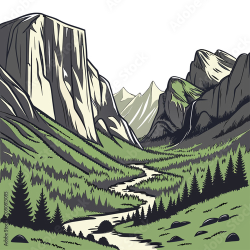 Hand drawn of a winding river flowing through a deep mountain valley with tall pine trees and steep rocky cliff faces in summer
