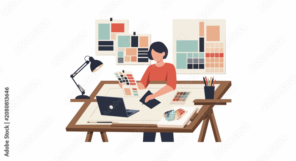 Fototapeta premium Creative Graphic Designer Woman Working at Desk with Laptop and Color Palettes, Flat Vector Illustration of Professional Artist Studio Workspace