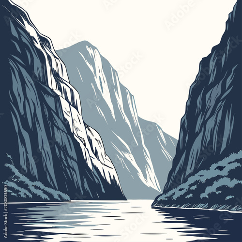 Stylized landscape of a narrow fjord with towering dark cliffs, calm water, and distant mountain peaks against a white background