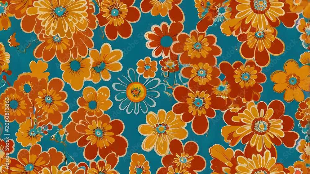 1970s retro psychedelic floral print groovy chunky daisies warm orange teal and mustard seamless