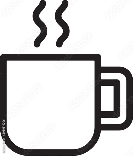 Minimalist linear graphic of a steaming coffee mug with beverage, breakfast