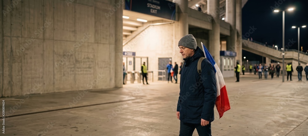 Obraz premium French football fan walking quietly outside stadium after match
