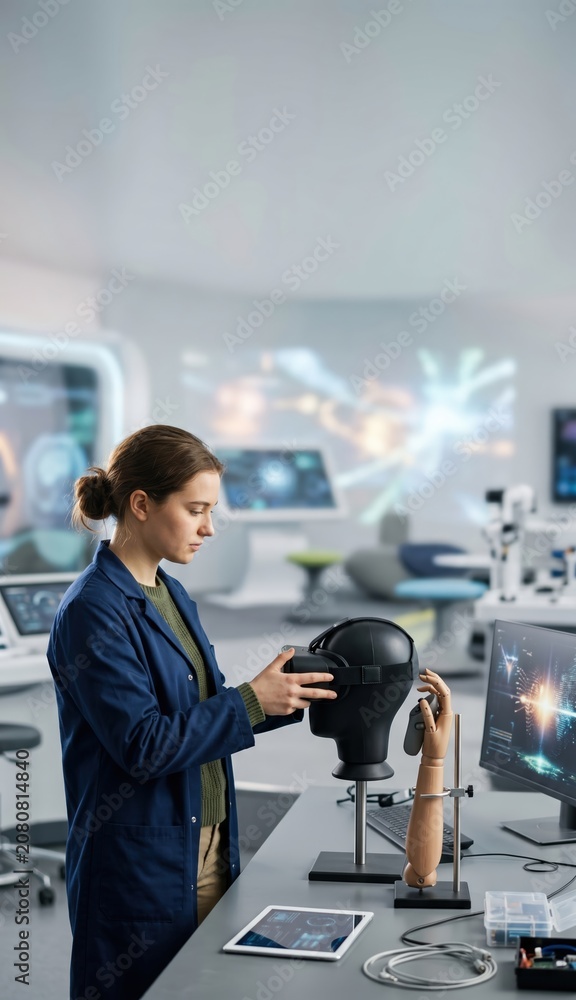 Fototapeta premium Young researcher testing VR headset in advanced technology laboratory