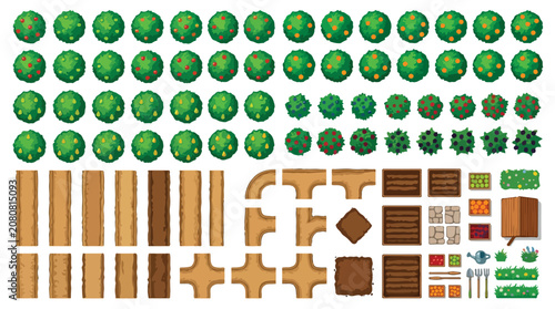 Top-down garden game assets, 2D pixel art style farm elements, aerial view fruit trees and dirt path tiles for map building, garden tool icons